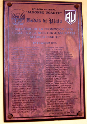 Placa Recordatoria de la Promocion 1978 5 A del Centro Base Alfonso Ugarte: Willy Cordoba, Zarzoza, Guillermo Figueroa, Florian, Respaldiza, Laos, Laos, Farfan, Alvaro Aguirre, Orbegozo, Lucho Vasquez Antuñano, Carlos Alberto Cuadros Solis, Javier Prado, Fernando Zarzoza, Losio, Osorio, Lozano, Cesar Augusto Guadalupe Mendizabal, Wilbert Rengifo Marin, Fredy Evaristo Ampuero Alata, Jose Malpartida, Champi, Orellana, Jose Luis Li Ramirez, Meneses, Cuno, Estrada, Segundo Cayetano Aguilar Avila, Christian Lenin Caballero Zegarra, Fernando Patiño Guevara, Gonzales, Fredy Galindo, Pareja, Kido Tomita, Campos, Jorge Armas, Walter Nuñez, Cerrillos, Justo Enrique Cabrera Villa, XX, Lucas, Oseas Uldarico Huari Huari, Moreno, Dolchi, Jorge Luis Beraun Berna, Urraca 1, Profesor Malpartida, Profesor Jorge Vargas Hoyos, Auxiliar Pacompia, Landeo Bustamante, Enrique Matamoros, Meneses, Fernandez, Urraca 2, Llanos y Albizuri