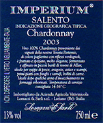 "Imperium IGT vino blanco Chardonnay" "Salento" Chardonnay 100% Las uvas son seleccionadas y transportadas en carros pequeños. Despues del proceso de produccion del vino viene depositado por 6 meses en barriles de madera Alcohol 12,50 % vol. Total acidez 4,70 g/l Total dioxido de sulfuro 60 mg/l pH 3,74 perfecto con sopas de pescado, langostas y camarones. Vino que se combina con quesos y hierbas Vino blanco Italiano para Distribuidores en latinoamerica.