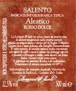 ALEATICO VINO ROJO DULCE es un vino rojo usado como dessert obtenido con las uvas rojas Aleatico. La vendimia se retarda hasta que pierda el 10/15% del peso. Las uvas son recogidas en depositos. Despues de un proceso clasico de produccion del vino rojo, la fermentation se detiene a 13.5% vol con 3 grados de azucar residual. Se obtiene un vino suave como dessert con cuerpo duro, elegante  perfume y un gusto dulce agradable despues de beber